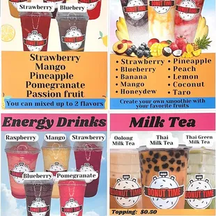 Lemonade, fruit smoothies, Energy drinks, Milk tea