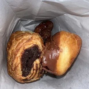 Chocolate filled Croissant, Chocolate Twist Donut, &amp; a Bear Claw