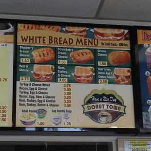 White bread sandwich menu