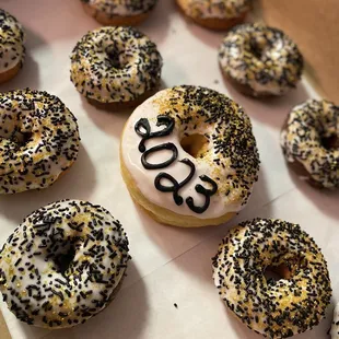 a dozen donuts in a box