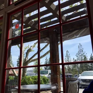 a view of a patio through a window