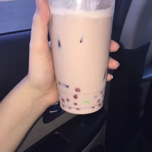 Strawberry milk tea with popping boba!