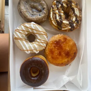 Donut sampler! Crème brûlée, toffee swirl, blueberry cake, caramel macchiato, chocolate glazed