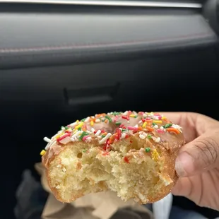 In this photo it&apos;s a chocolate frosting and sprinkled doughnut!