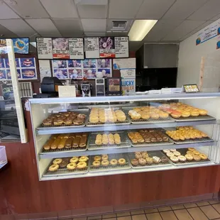 a display case of donuts