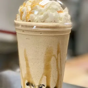 Caramel latte frappe with boba