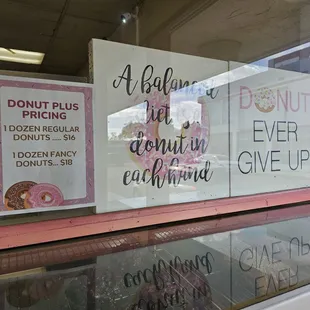 a sign in the window of a donut shop