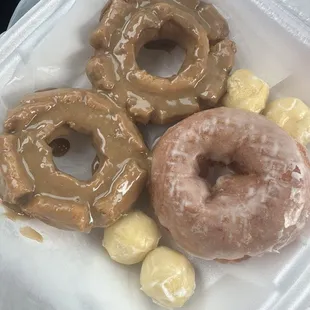 Maple, strawberry, and donut holes!