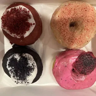 From left to right top to bottom.  Red velvet, Strawberry Shortcake , Ube Velvet and Dragon Fruit Lemonade