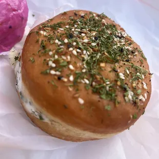 Herb cream cheese topped with everything bagel seasoning 10/10!!