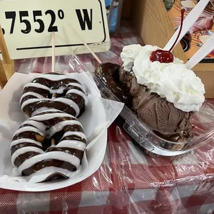 Tuxedo donuts and hot donuts under ice cream.