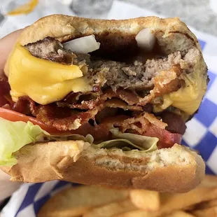 Close up of bacon cheeseburger