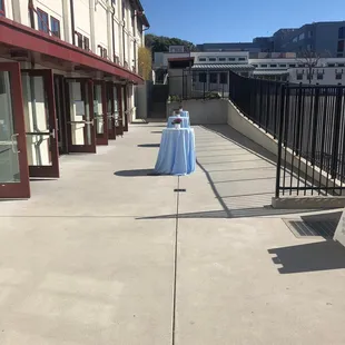 Cocktail tables and outdoor patio at Donworth Hall.