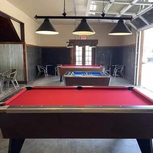 a pool table in a garage