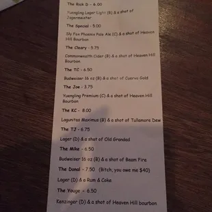 Beer and shot list