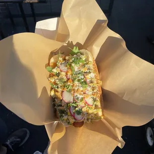 The Mickey Dog which is an elote dog and fantastic!