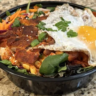 Roasted chicken with fried egg: egg is a bit salty. Hearty bowl in general tho!