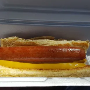 Hot dog with mustard. Pretty hefty. Really meaty and juicy. Fresh soft, toasted bun. Good stuff.