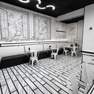 a black and white drawing on the wall