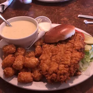 Lunch Combo - Mini breaded tenderloin, chicken velvet soup and tater tots