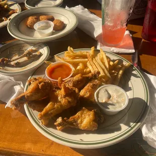 a plate of fried chicken wings and french fries