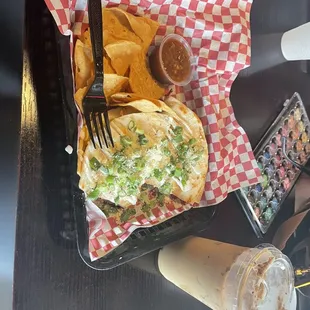 Breakfast quesadilla with bacon, and the Pooh Bear iced latte (seasonal)