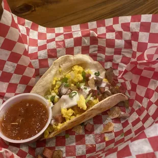 Triple meat breakfast taco