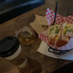 Bacon Breakfast taco and blueberry Muffins. Along with a seasonal mango coffee