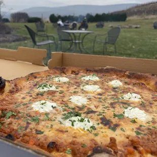 a pizza in a box outside