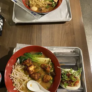 a bowl of noodles and a bowl of meatballs
