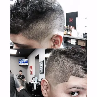 The first picture is when he started, it shows the haircut I walked in with and the second is what he was able to do.