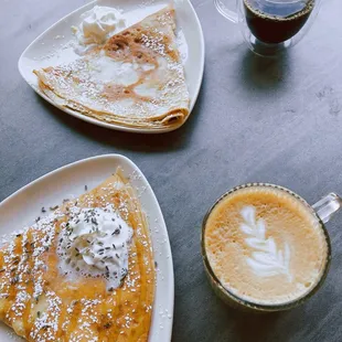 Purple Rain crepe &amp; Rose Cardamom latte  (bottom)  Limoncello crepe and drip coffee (top)