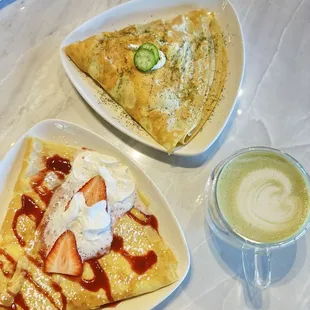 Salmon &amp; strawberry crepes, matcha latte!