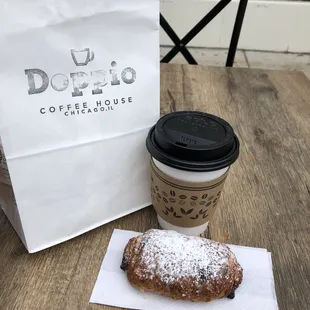 Chocolate croissant and their light roast coffee