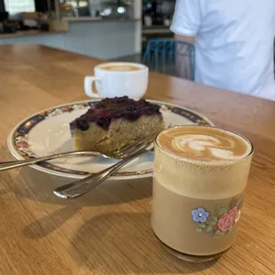 Cortado, olive oil cake topped with blueberries (they mill their own flour in the back), cappuccino