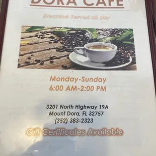 a menu for a coffee shop