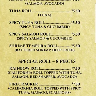 a menu for sushi