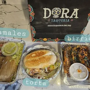 To-Go food: rice, tamales, torta, and birria tacos