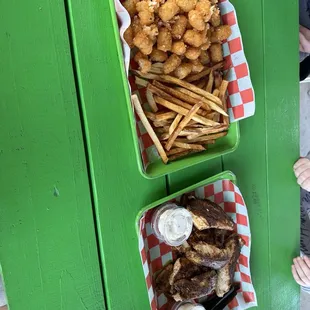 Blackened Redfish (self caught), fries, tater tots