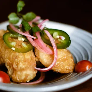 Mahi Mahi Nazubuke
Tempura mahi mahi marinated in a yuzu chili ponzu served with pickled vegetables, topped with cilantro and jalapeño.