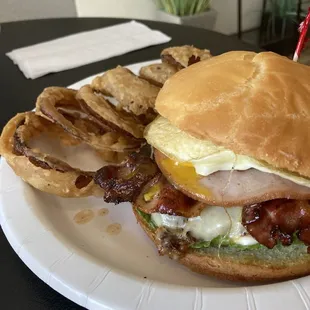 Burger looks great but was not. Onion rings were burnt