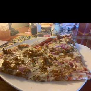 Sausage and red onion pizza