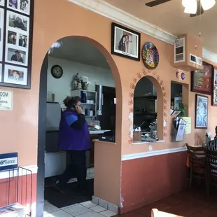 Counter in front of you as you walk in