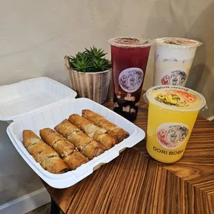 Eggrolls, mango slush,  Dragonfruit Kumquat, &amp; roasted coconut jasmine milk tea