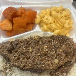 Meatloaf, rice, yams and Mac &amp; Cheese
