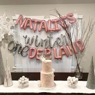 Dessert table with snowflake cake