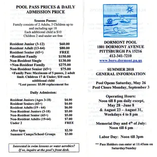 Dormont Pool, 2018 rates and hours