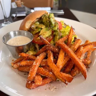 Chicken bacon ranch sandwich with sweet potato fries