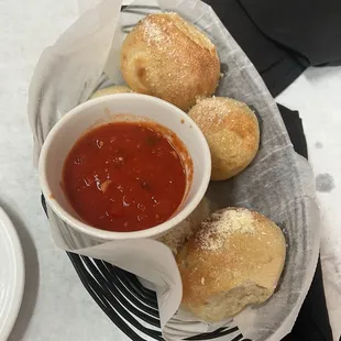 Garlic knots with marina sauce!  The sauce is the bomb!