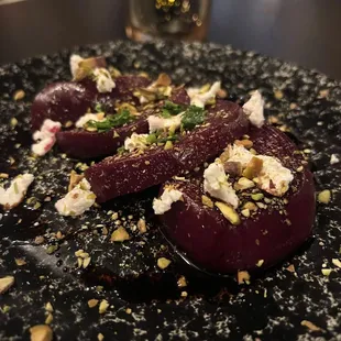 Beets with goat cheese and pistachios